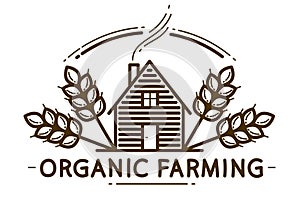 Farm house with spikes farming vector emblem or logo isolated on white background, woodhouse and wheat farm agriculture