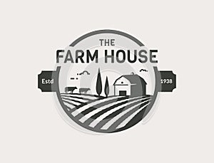 Farm House vector logo with barn, cows and fields