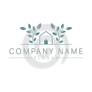 Farm house vector logo design. House and leaves abstract logo template.