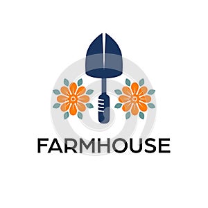 Farm house vector logo design. Shovel and flowers modern logotype.