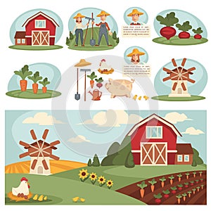 Farm household or farmer agriculture and cattle farming vector flat design