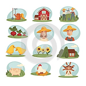 Farm household or farmer agriculture and cattle vector flat icons