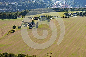 Farm houses and agricultural fields from above