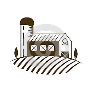 Farm houses for wheat harvest storage, retro scene with barn and tower on farmland