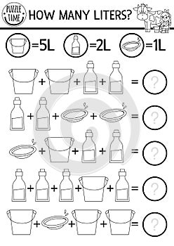 Farm how many liters black and white game with funny cow, milk dairymaid. On the farm line math addition activity or coloring page