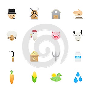 Farm Icons. Set of Agriculture Vector Illustration Color Icons Flat Style.