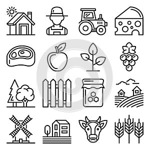 Farm Icons Set on White Background. Line Style Vector