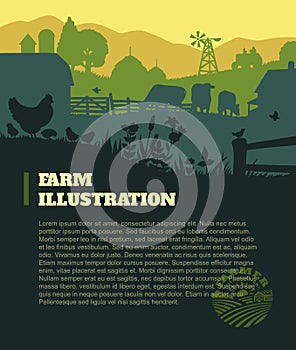 Farm illustration background, colored silhouettes elements, flat photo