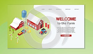 Farm isometric with rural buildings agricultural machinery, wind mills and silos vector illustration. Farming webpage