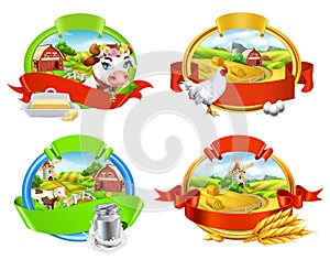 Farm. Label set. Cow and milk, butter, chicken and eggs, bread and pasta. 3d vector