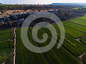 Ariel view of Farm lands and rocky area