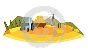 Farm landscape. Agriculture field, rural nature scene. Ruralfield panorama with working tractor