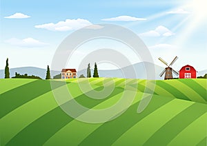 Farm landscape with barn and windmill