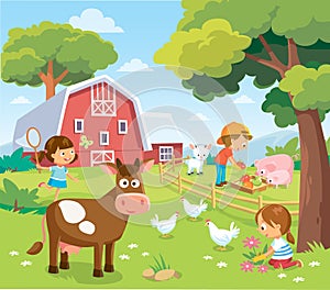 Farm landscape with children. Picture view with farm animals cow pig chicken and barn. photo