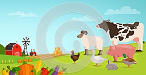 Farm landscape with domestic animals. Countryside cartoon scene