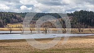 Farm landscape with fields, farm, water and trees