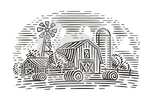 Farm landscape illustration. Rustic scene. Vector.