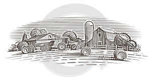 Farm landscape illustration. Vector. Hand drawn.