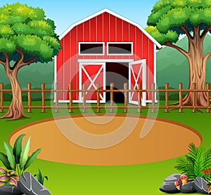 Farm landscape with red shed in the middle of the nature