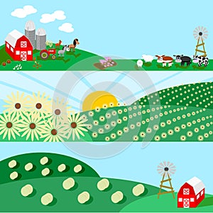 Farm Landscape Scenes of Three Banner Background Sets