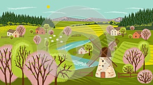 Farm landscape vector hand drawn poster. Rural countryside scene with house, farm, windmill and agriculture field