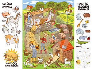 Farm life and farm animals. Find 10 hidden objects photo