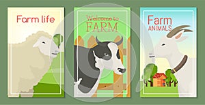 Farm life with animals set of banners vector illustration. Collection of cute pets. Domestic animals as cowin front of