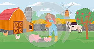 Farm life. Young female woman feeding pig, meadow with cow and poultry. Animal husbandry and breeding