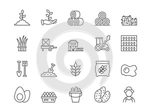 Farm line icons. Agriculture field. Farmer and harvesting tractor. Rural lands. Wheat grain sack. Vegetable crop