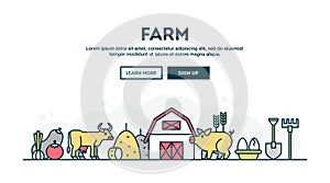 Farm, local grown food, farmer`s market, colorful concept header