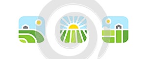 Farm logo mark template or icon of rural landscape with sun, field and barn. Set of modern geometric emblems or badges