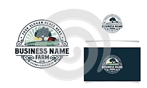 Farm logo with mountain sun rise and tree illustration