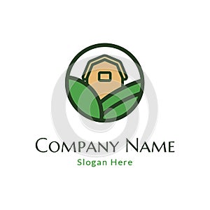 Farm logo. Template with farm landscape. Vector illustration