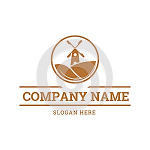 Farm logo. Template with farm landscape. Vector illustration