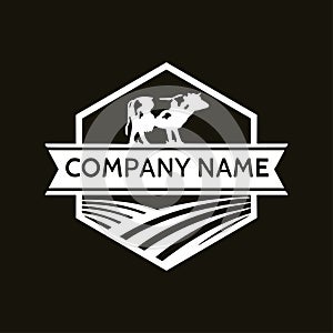 Farm logo. Template with farm landscape. Vector illustration