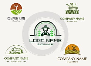 Farm logo. Template with farm landscape. Vector illustration