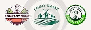 Farm logo. Template with farm landscape. Vector illustration