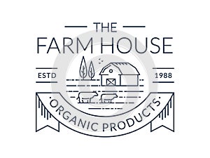 Farm logo. Vector line emblem with farmhouse and cows