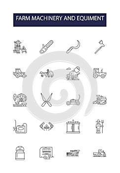 Farm machinery and equiment line vector icons and signs. Harvesters, Balers, Ploughs, Irrigators, Sprayers, Seeders