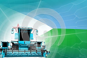 Farm machinery modernisation concept, 3 blue modern farm combine harvesters on Djibouti flag - digital industrial 3D illustration