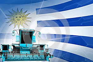 Farm machinery modernisation concept, 3 blue modern rye combine harvesters on Uruguay flag - digital industrial 3D illustration