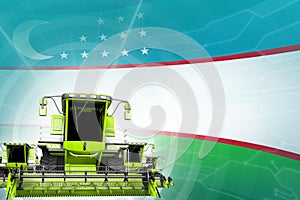 Farm machinery modernisation concept, 3 green modern wheat combine harvesters on Uzbekistan flag - digital industrial 3D