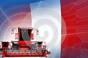 Farm machinery modernisation concept, 3 red modern grain combine harvesters on Peru flag - digital industrial 3D illustration
