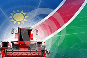 Farm machinery modernisation concept, 3 red modern rural combine harvesters on Namibia flag - digital industrial 3D illustration