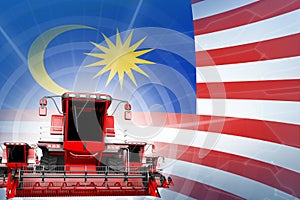 Farm machinery modernisation concept, 3 red modern rye combine harvesters on Malaysia flag - digital industrial 3D illustration