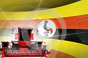 Farm machinery modernisation concept, 3 red modern wheat combine harvesters on Uganda flag - digital industrial 3D illustration