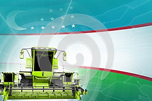 Farm machinery modernisation concept, 3 green modern wheat combine harvesters on Uzbekistan flag - digital industrial 3D photo