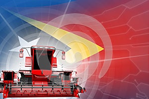 Farm machinery modernisation concept, 3 red modern farm combine harvesters on Timor-Leste flag - digital industrial 3D photo