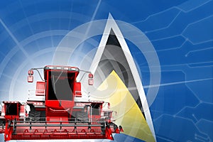 Farm machinery modernisation concept, 3 red modern wheat combine harvesters on Saint Lucia flag - digital industrial 3D photo