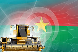 Farm machinery modernisation concept, 3 yellow modern farm combine harvesters on Burkina Faso flag - digital industrial 3D photo